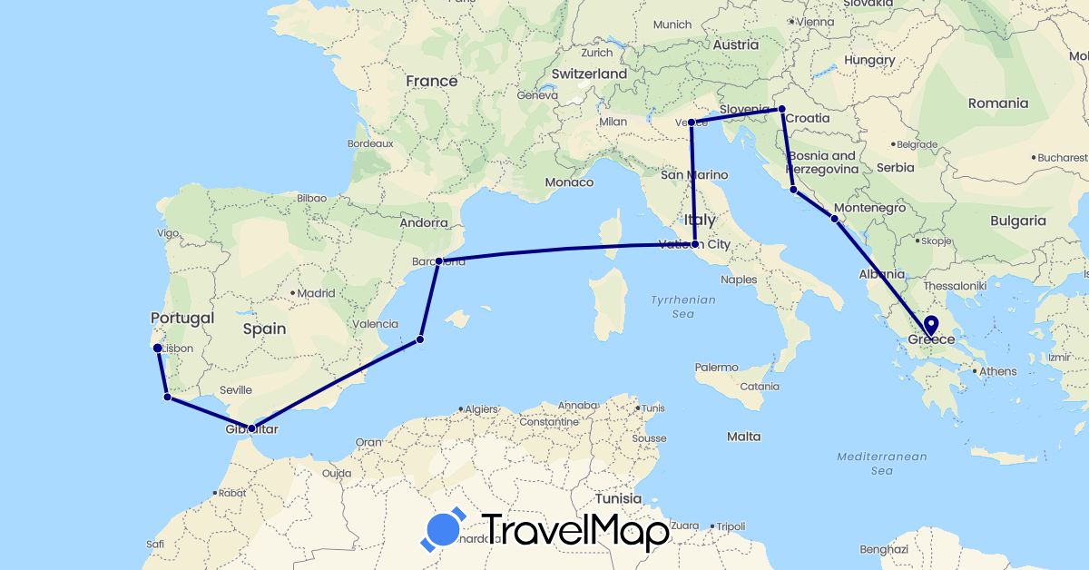 TravelMap itinerary: driving in Spain, Gibraltar, Greece, Croatia, Italy, Portugal (Europe)
